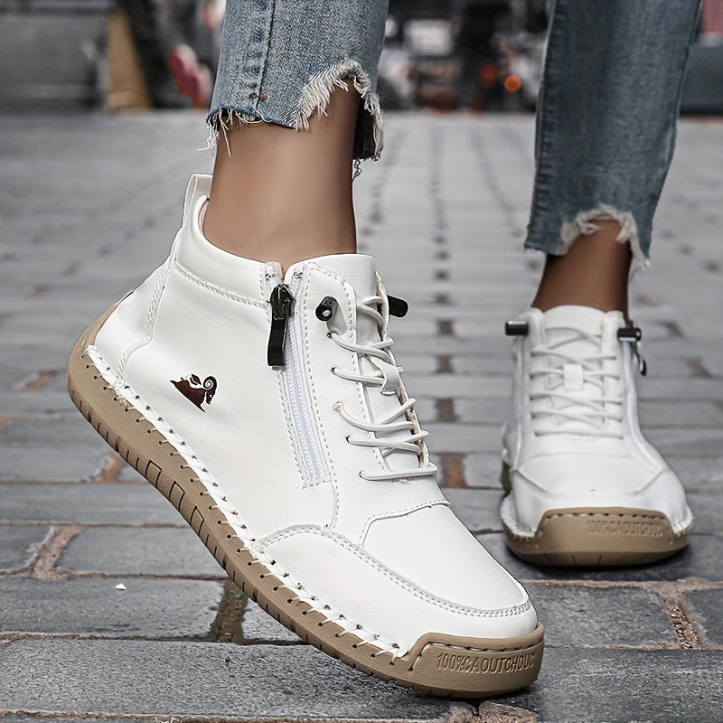 Bottines Plates Femme Similicuir, Lacets et Zip