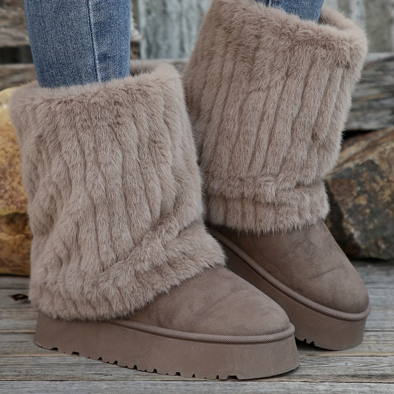 Bottes Fausse Fourrure Femme, Semelle Plateforme, Taupe, vue 2
