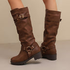 Bottes Motardes Femme Hautes, Similicuir Vieilli, Anneau, vue 7