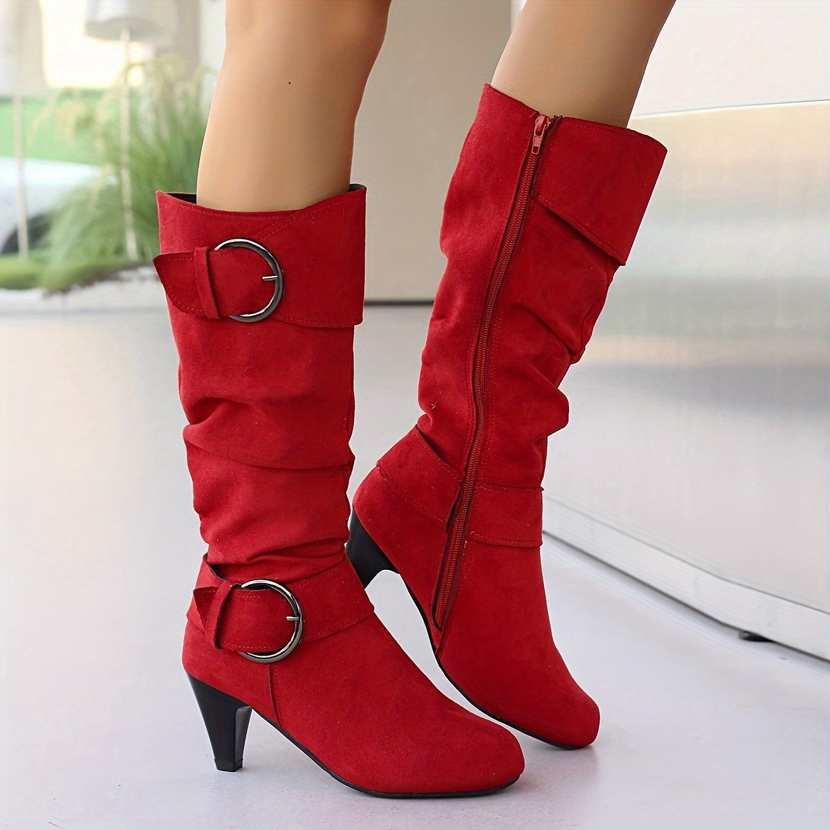 Bottes Hautes Femme à Boucle, Effet Daim, 4 Coloris – coloris rouge