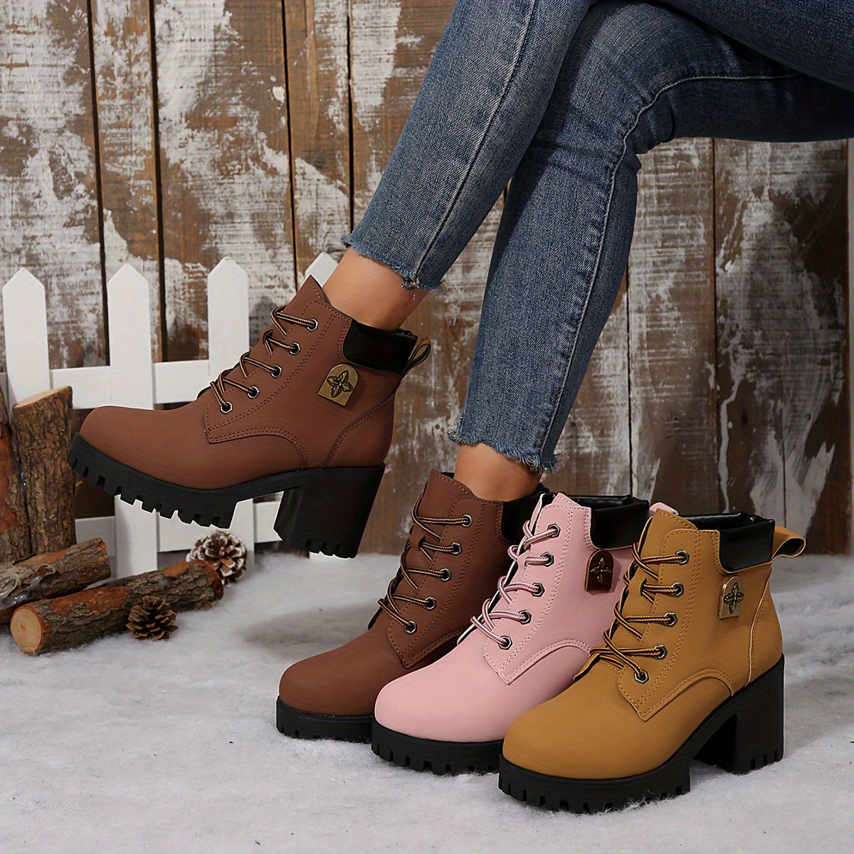 Bottes à Lacets Femme Courtes, Talon Haut Cranté