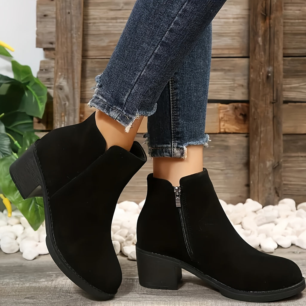 Bottines Femme Talon Bloc, Aspect Daim, Zip Latéral