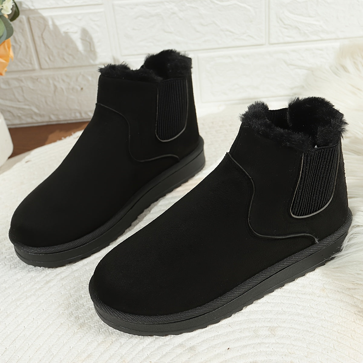 Bottines Chelsea Femme, Col Fausse Fourrure – coloris noir