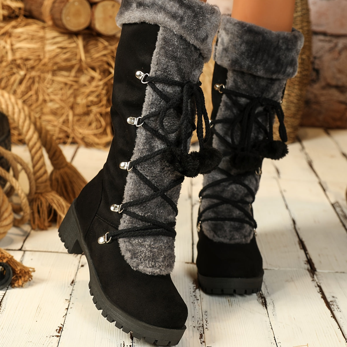 Bottes Femme Hautes à Lacets, Fourrure et Pompon, vue 10