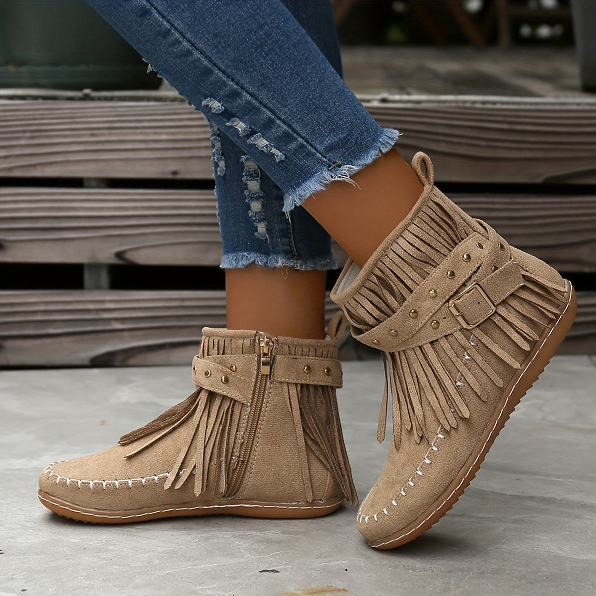 Bottines Femme à Franges Cloutées, Zip, vue 3