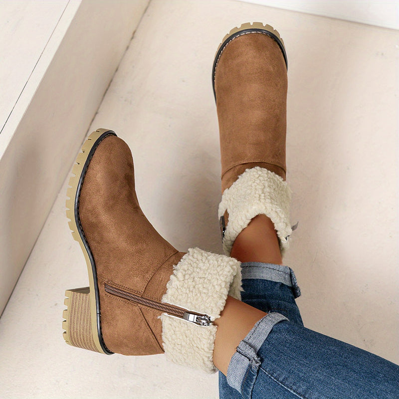 Bottes Fourrées Femme Courtes, Col Sherpa, Aspect Daim – coloris camel