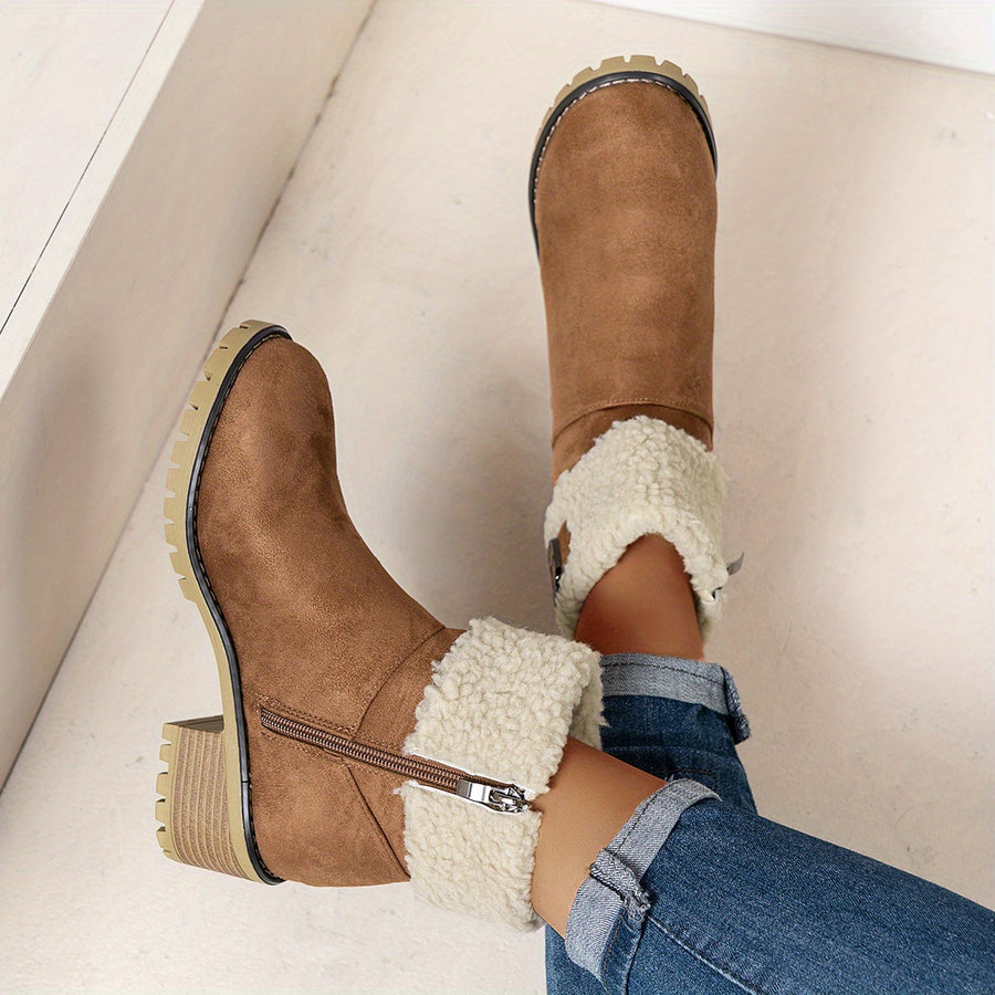 Bottes Fourrées Femme Courtes, Col Sherpa, Aspect Daim – coloris camel