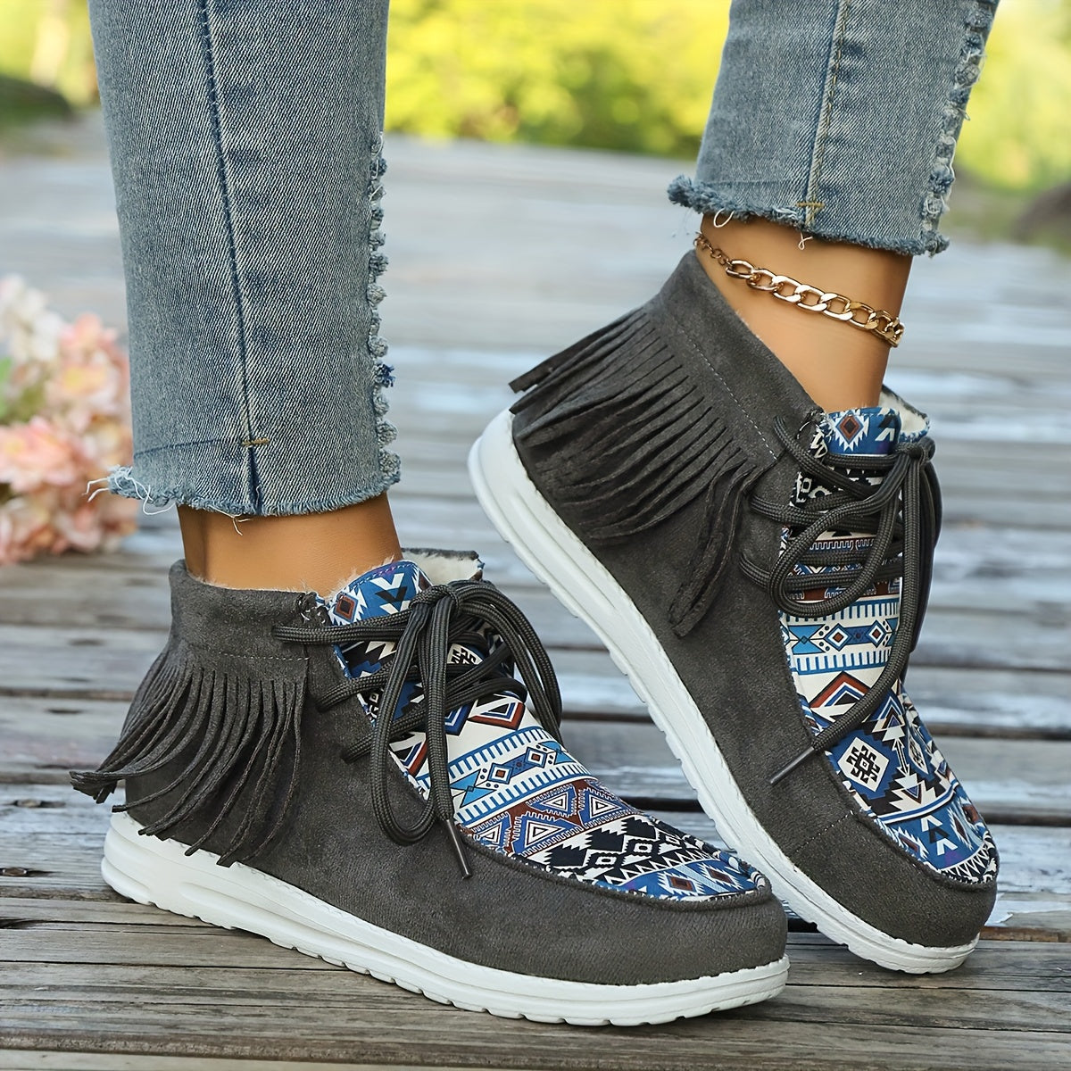 Bottines Mocassin Femme, Franges et Imprimé Aztèque, vue 6
