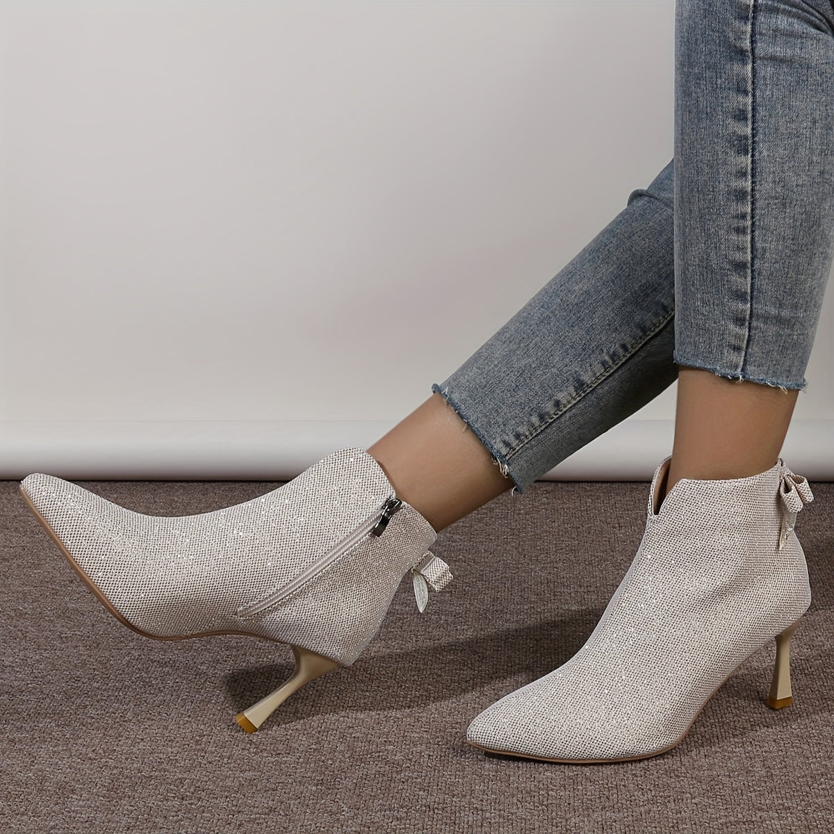 Bottines Pailletées Femme en Tissu, Talon Aiguille, Nœud, vue 4
