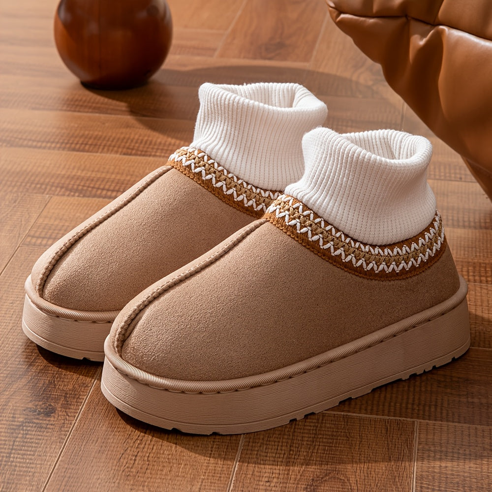 Chausson Botte Femme Aspect Daim, Col Maille, Plateforme, vue 4
