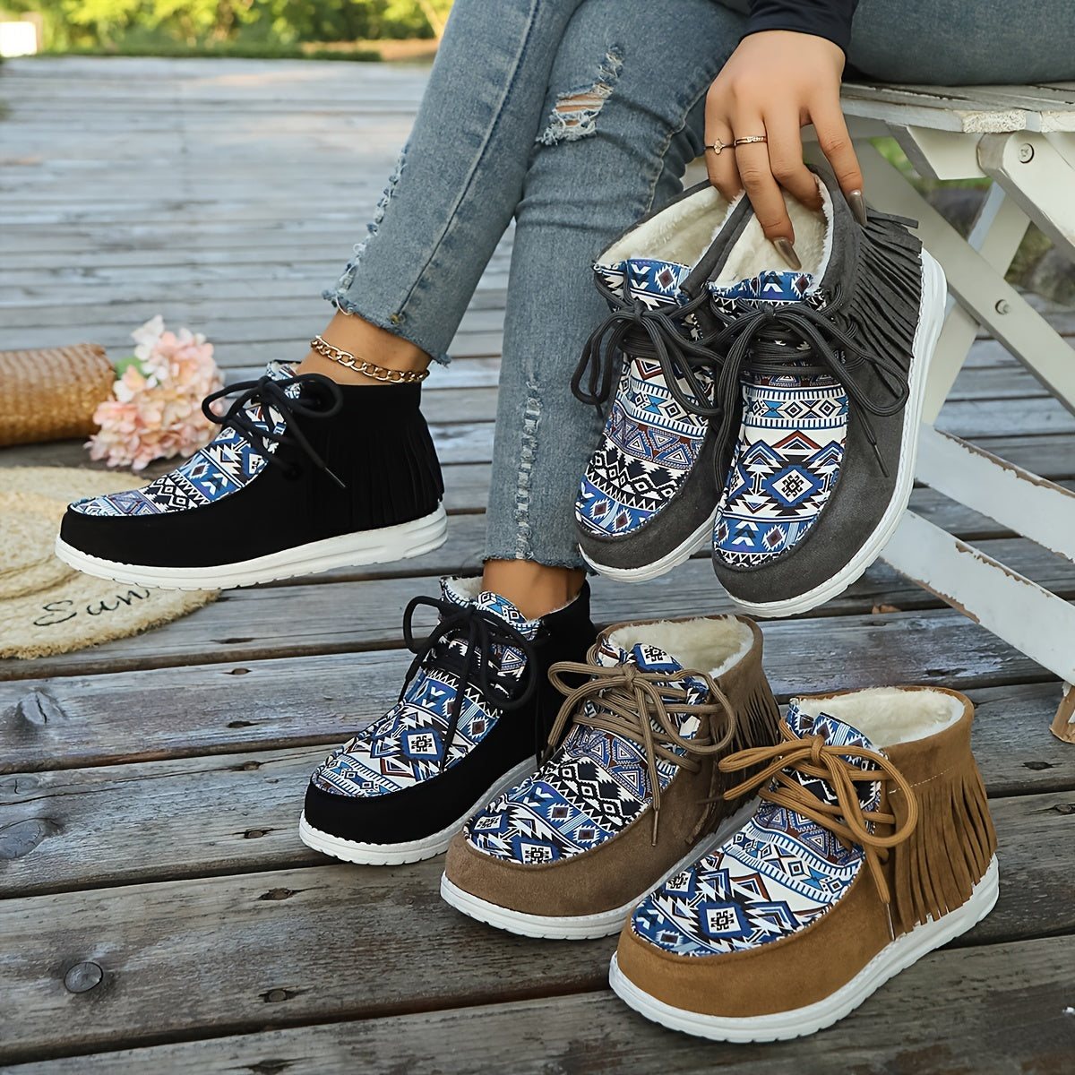 Bottines Mocassin Femme, Franges et Imprimé Aztèque