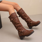 Bottes Motardes Femme Hautes, Similicuir Vieilli, Anneau – coloris marron