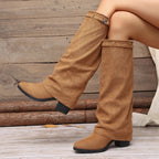 Bottes Hautes Femme à Revers, Aspect Daim, Talon Bloc – coloris camel