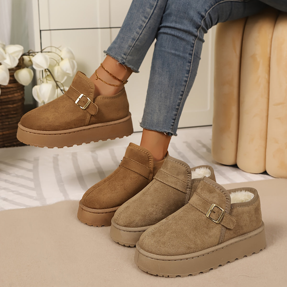 Bottines Plateforme Femme Aspect Daim, Sangle à Boucle, vue 6