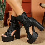 Bottes Plateforme Femme Bout Ouvert, Similicuir, Talon Bloc – coloris noir