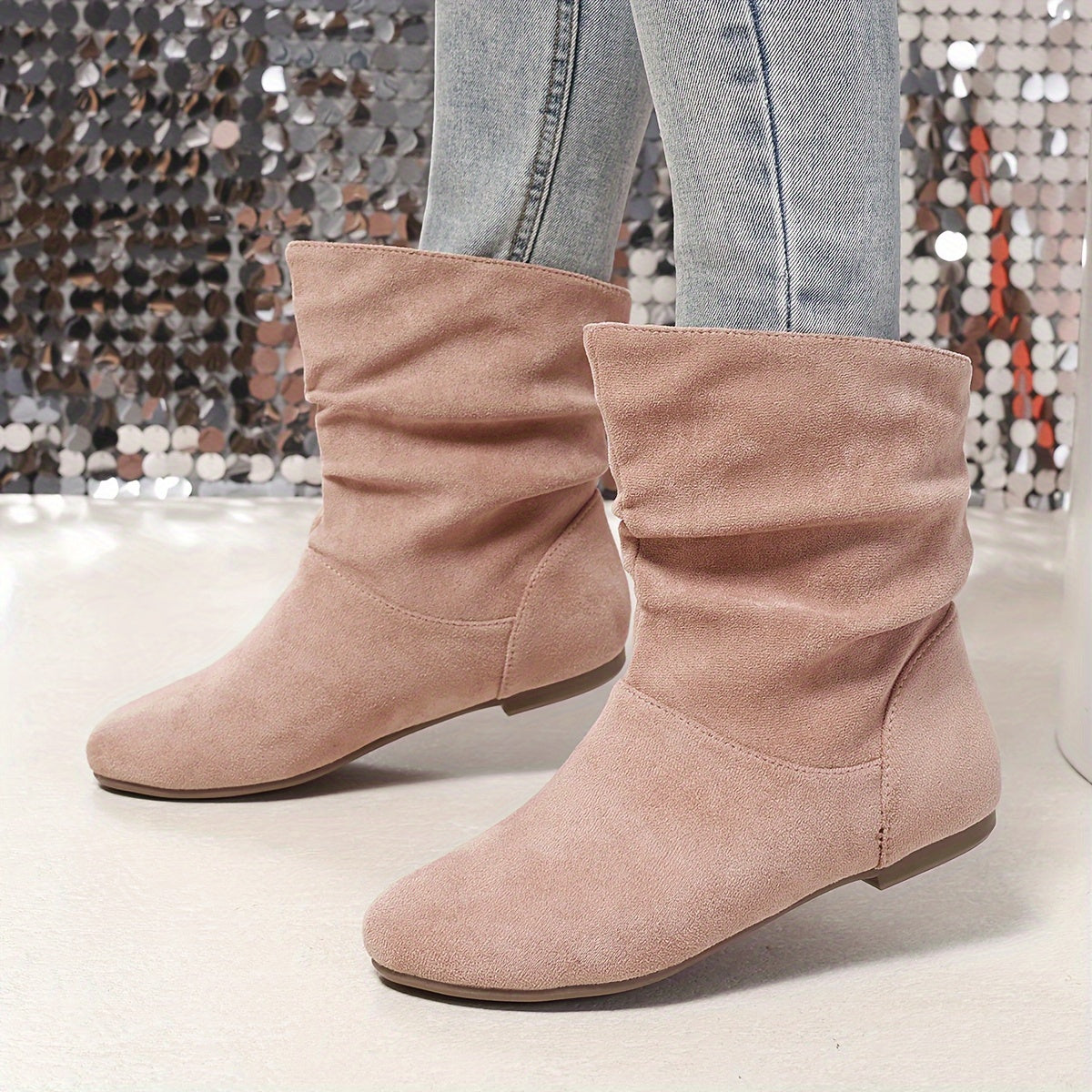 Bottines Femme Mi-Hautes, Talon Plat – coloris rose, vue 3