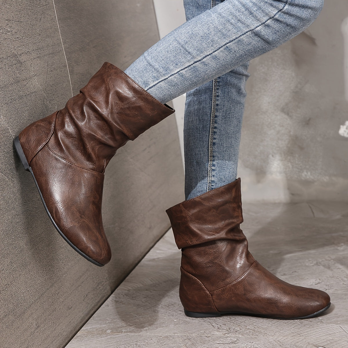 Bottes Plates Femme Similicuir, Tige Froncée – coloris café, vue 2