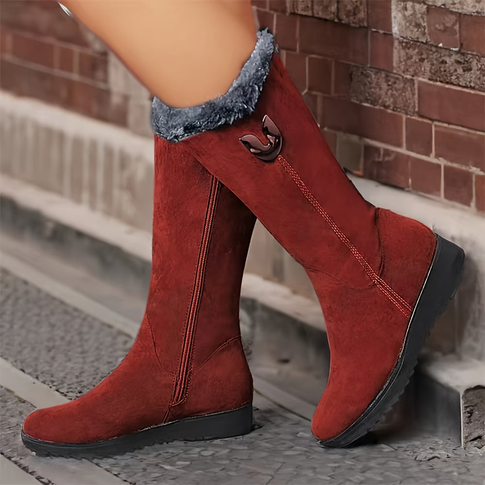 Bottes Mi-Mollet Femme, Col Fausse Fourrure – coloris rouge
