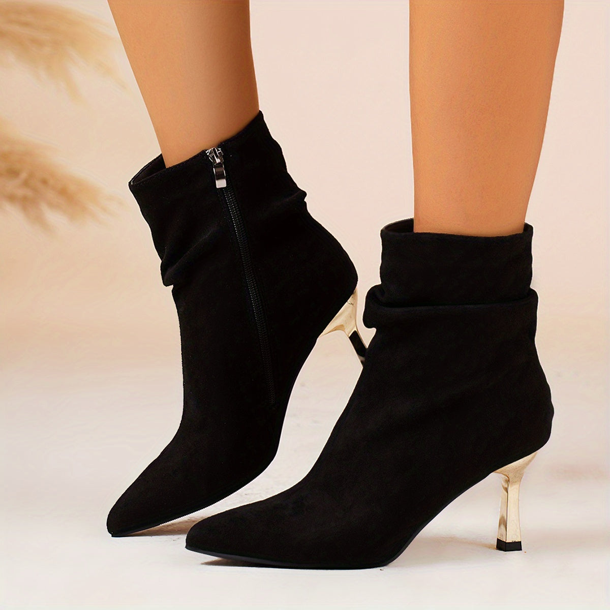 Bottines Femme Talon Fin Doré, Tige Froncée, Suédine, vue 20