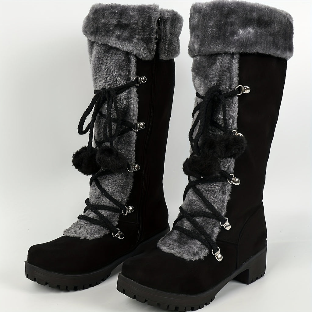 Bottes Femme Hautes à Lacets, Fourrure et Pompon, vue 11