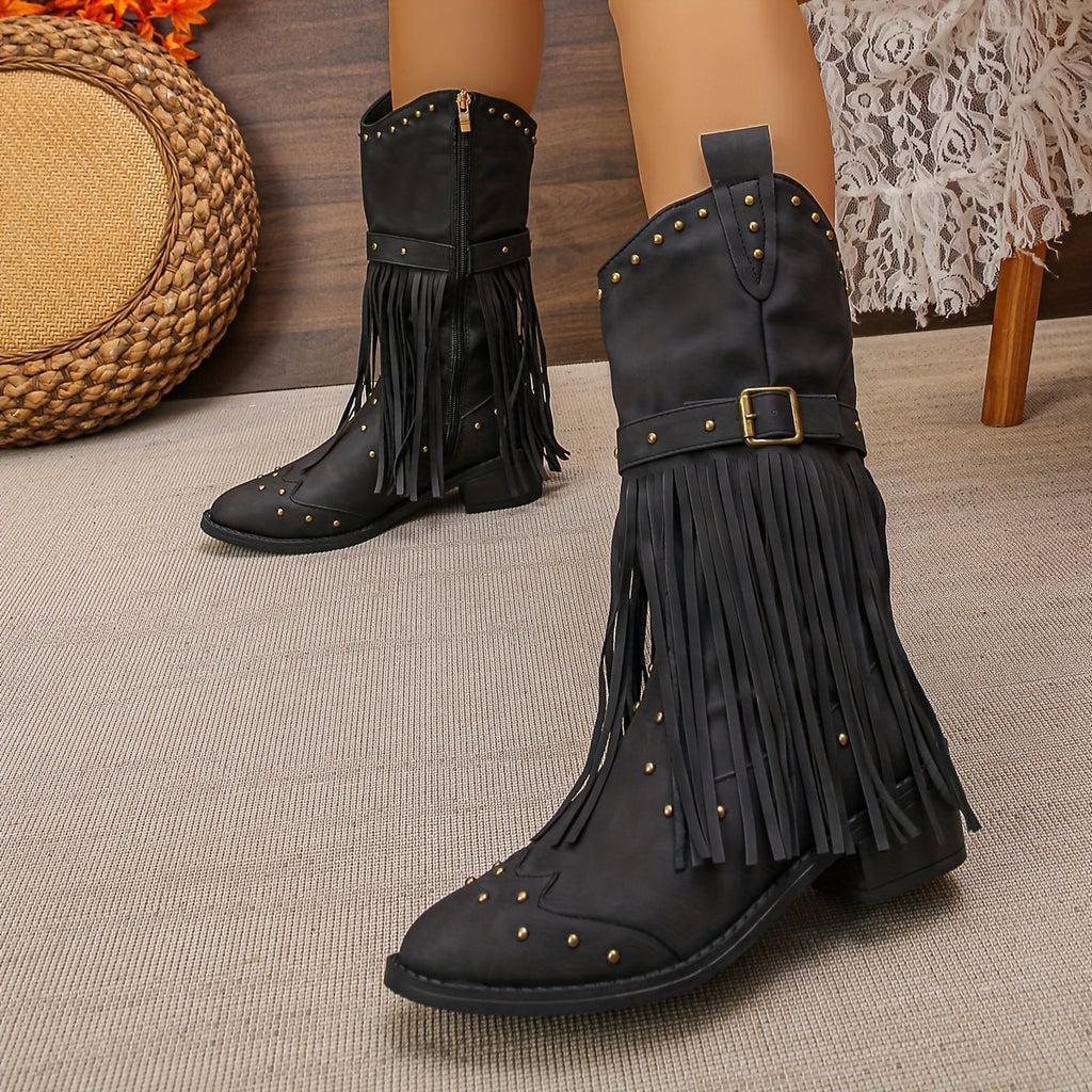 Bottes Femme Similicuir, Franges et Clous, vue 2