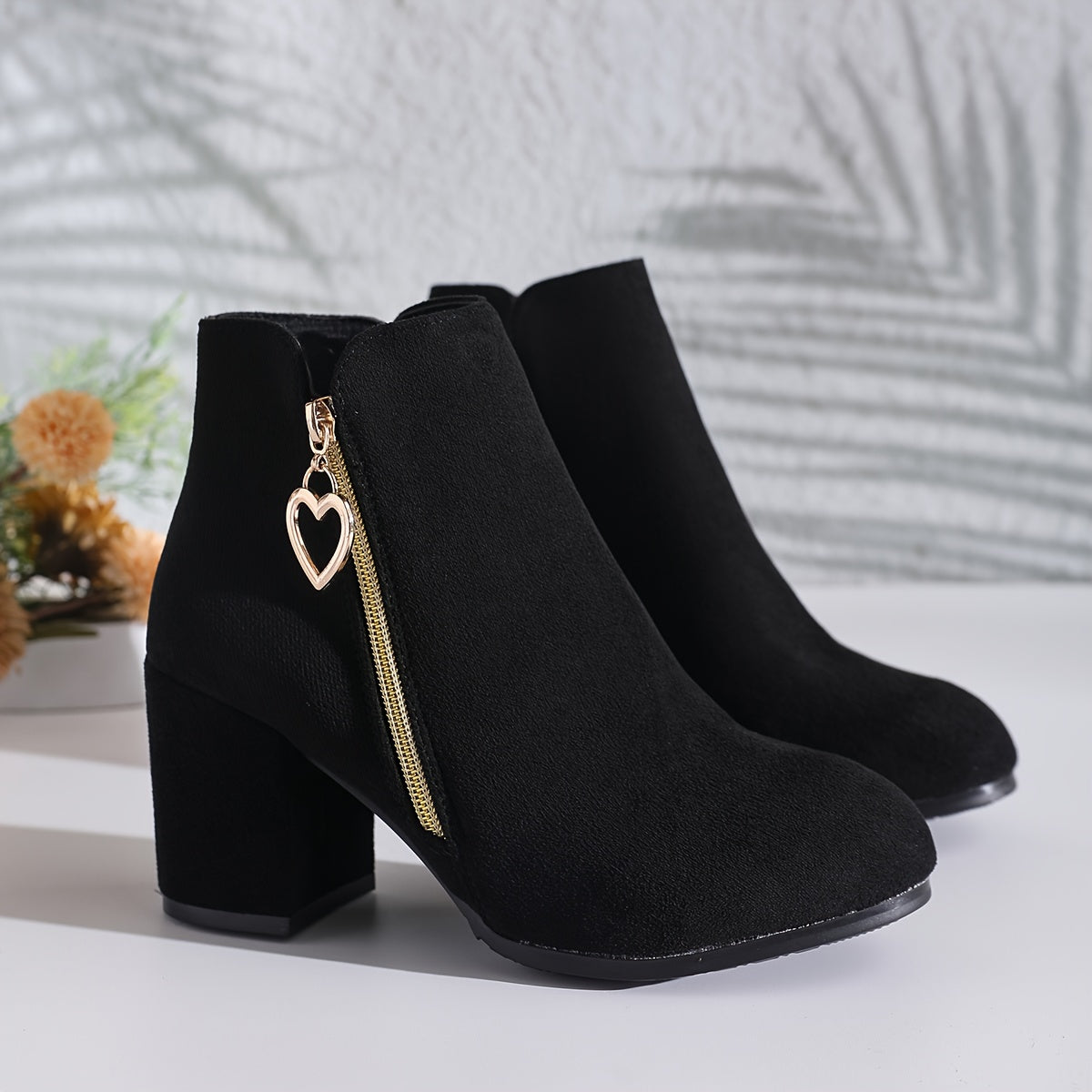 Bottines Noires Femme Aspect Daim, Talon Bloc, Zip Cœur