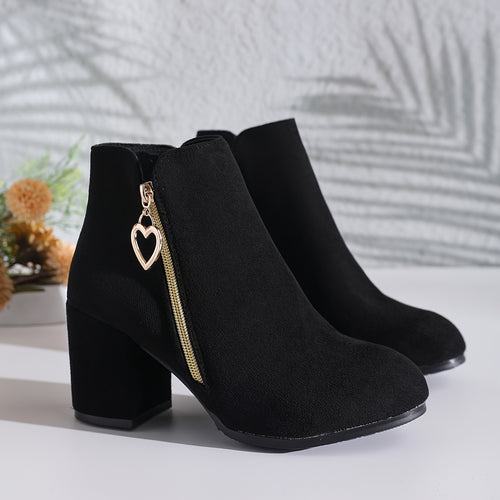 Bottines Noires Femme Aspect Daim, Talon Bloc, Zip Cœur