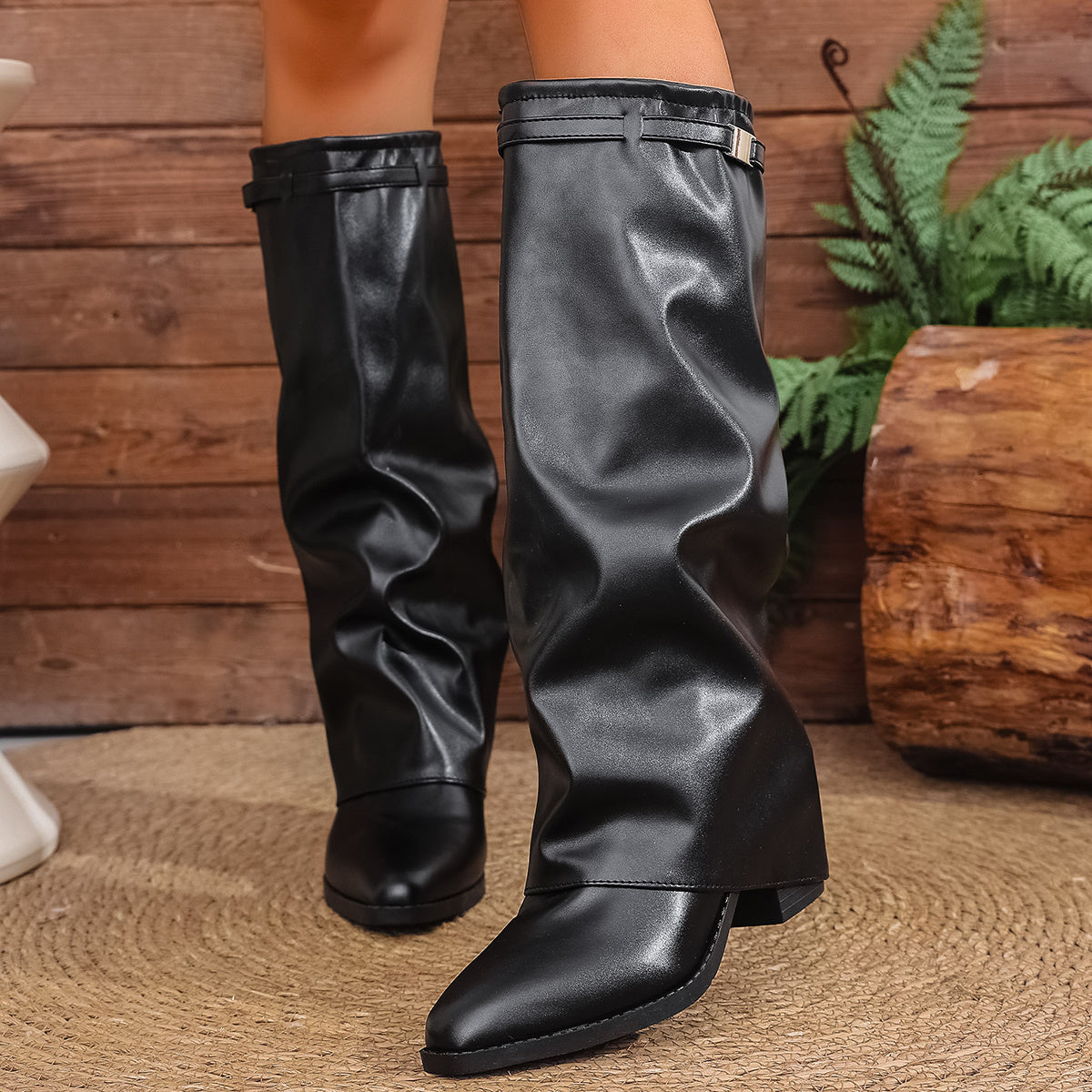 Bottes à Revers Femme Similicuir, Talon Bloc, vue 17