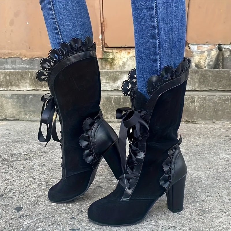 Bottes Gothiques Femme Mi-Mollet, Flanelle, Volants et Rubans