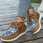 Bottines Mocassin Femme, Franges et Imprimé Aztèque – coloris brun jaunâtre