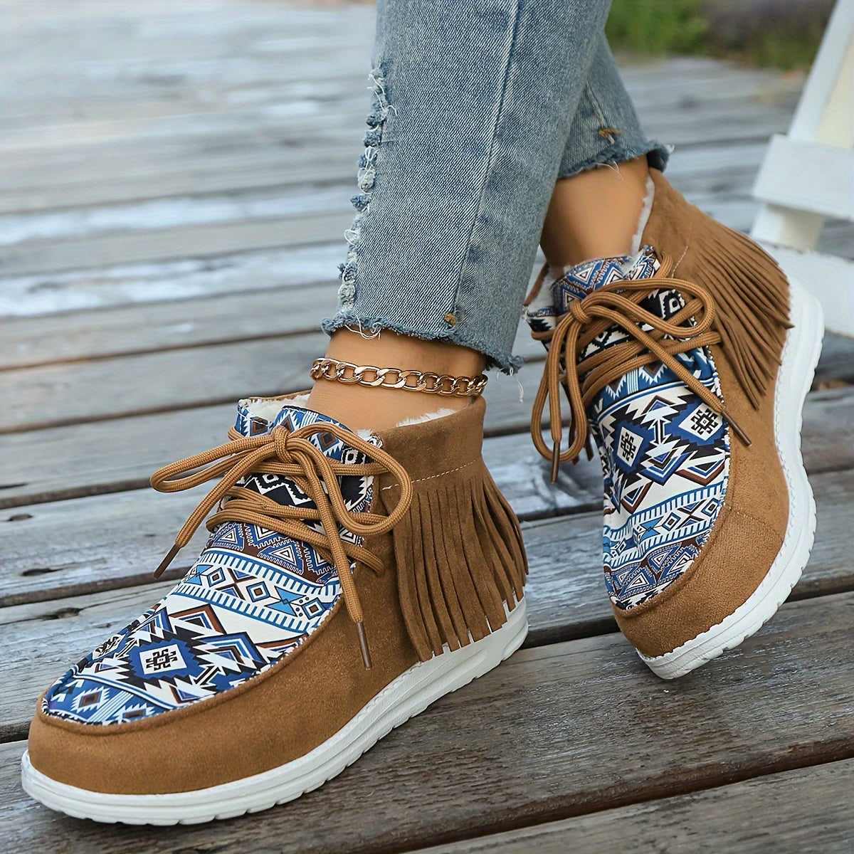 Bottines Mocassin Femme, Franges et Imprimé Aztèque – coloris brun jaunâtre