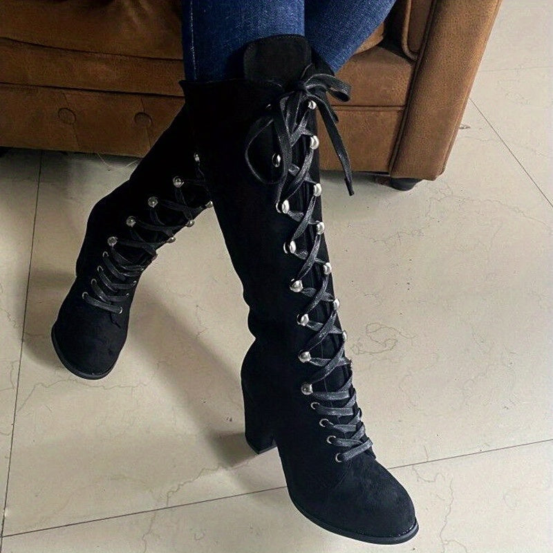 Bottes Hautes Femme à Lacets, Talon Bloc – coloris noir, vue 3