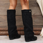 Bottes Hautes Femme à Revers, Aspect Daim, Talon Bloc, vue 6