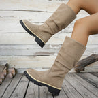 Bottes Plateforme Femme Mi-Mollet Tombantes, Aspect Daim – coloris taupe