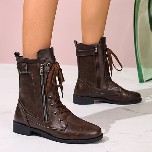 Bottes à Lacets Femme Similicuir, Zip et Bride à Boucle – coloris marron foncé