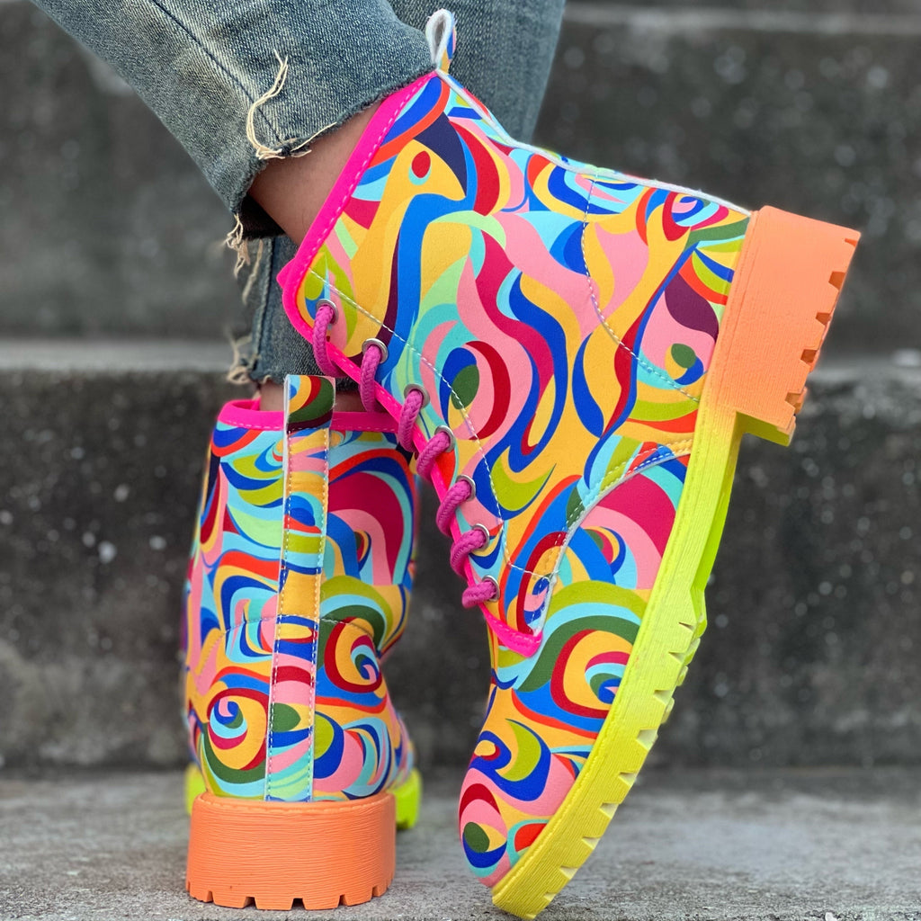Bottes Rangers Femme à Lacets, Tissu Imprimé