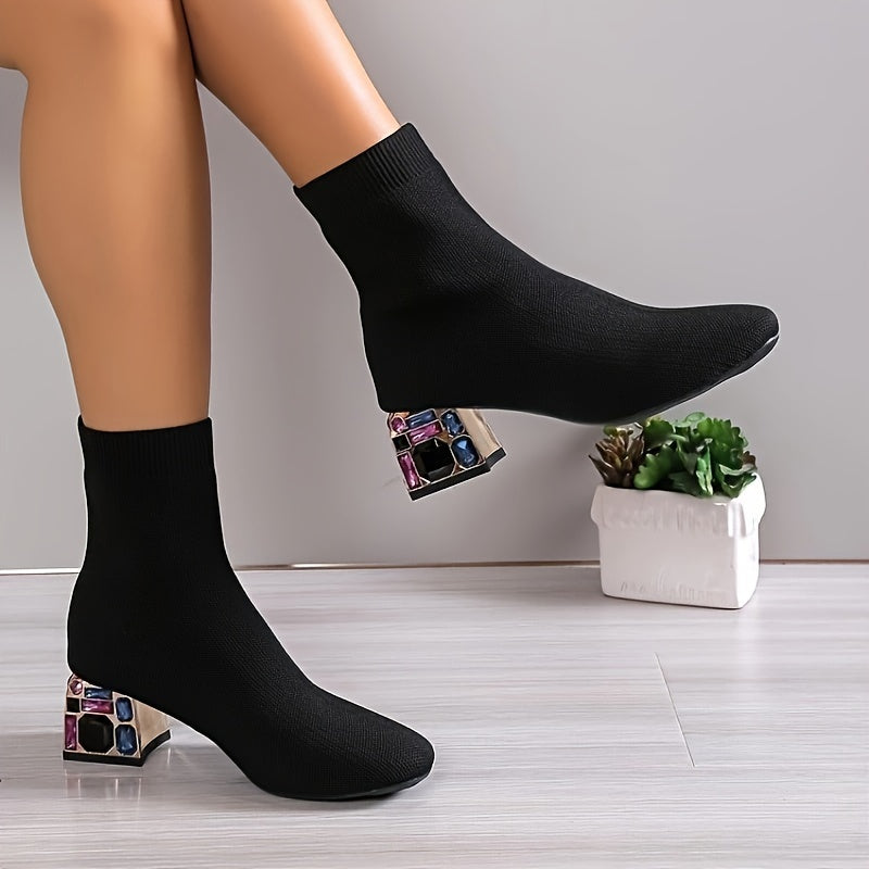 Bottes Chaussettes Femme en Maille, Talon Bloc Fantaisie – coloris noir