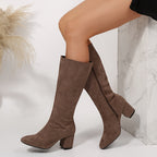 Bottes Hautes Femme Aspect Daim, Talon Bloc, Zip, 5 Coloris – coloris marron clair