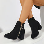 Bottines Noires Femme Aspect Daim, Talon Bloc, Zip Cœur, vue 5