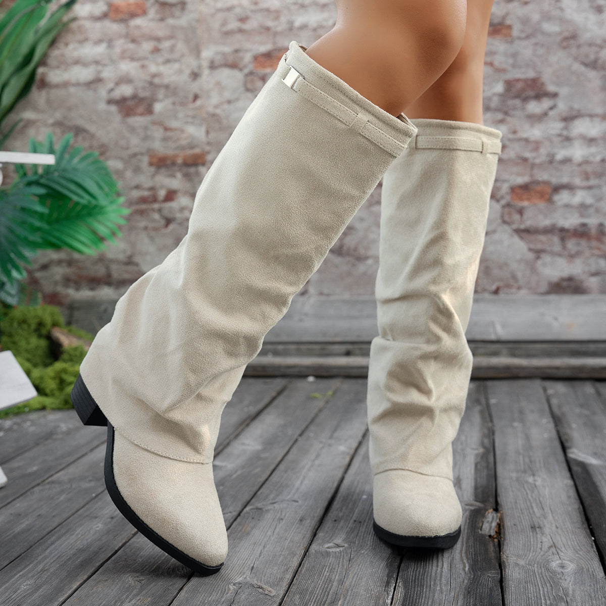 Bottes Hautes Femme à Revers, Aspect Daim, Bout Pointu, vue 4