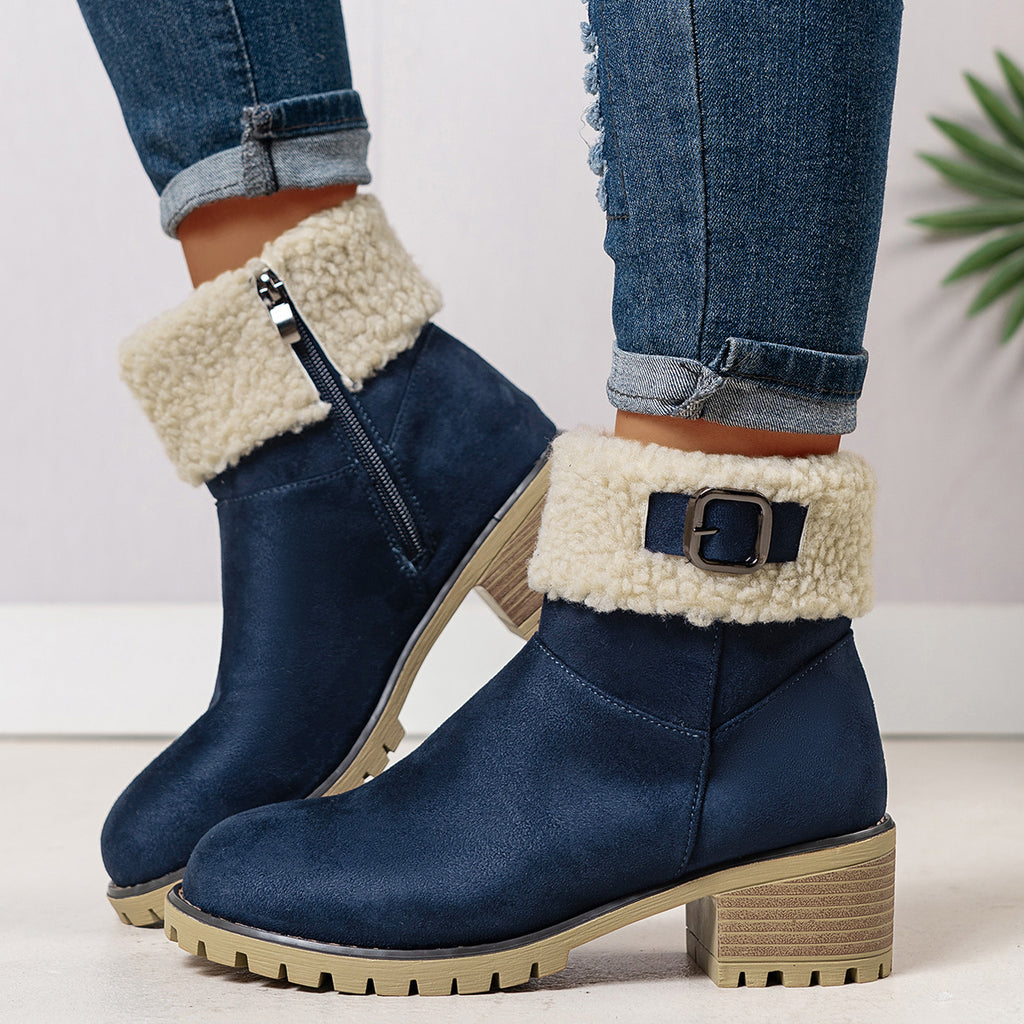Bottes Fourrées Femme Courtes, Col Sherpa, Aspect Daim – coloris bleu marine