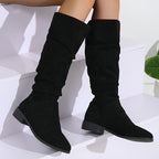 Bottes Plates Femme Hautes, Aspect Daim, Tige Froncée, vue 8