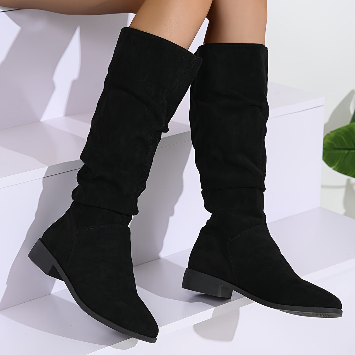 Bottes Plates Femme Hautes, Aspect Daim, Tige Froncée, vue 8