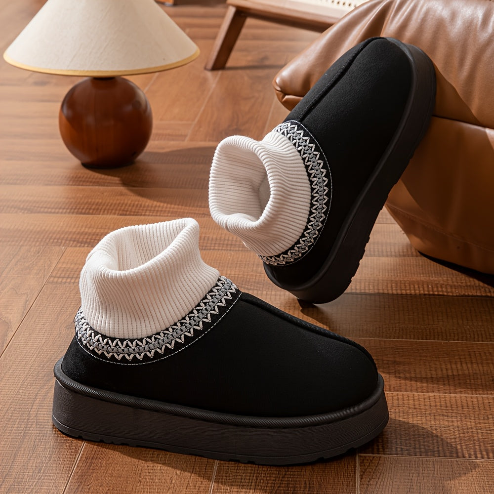 Chausson Botte Femme Aspect Daim, Col Maille, Plateforme – coloris noir