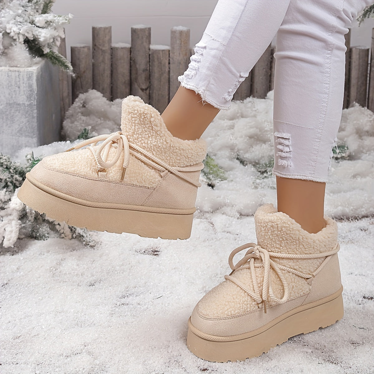 Bottines Fourrées Femme Plateforme, Peluche, Lacets Noués – coloris écru