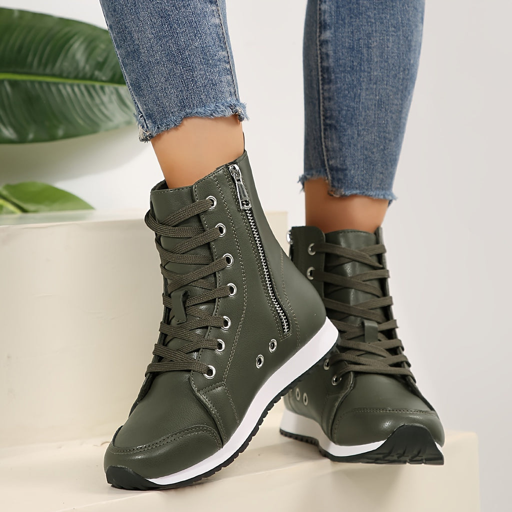 Bottines Sport Femme Similicuir, Lacets et Zip – coloris vert olive