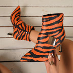 Bottines Femme Effet Croco ou Zèbre, Similicuir, Boucle Dorée – coloris orange zébré