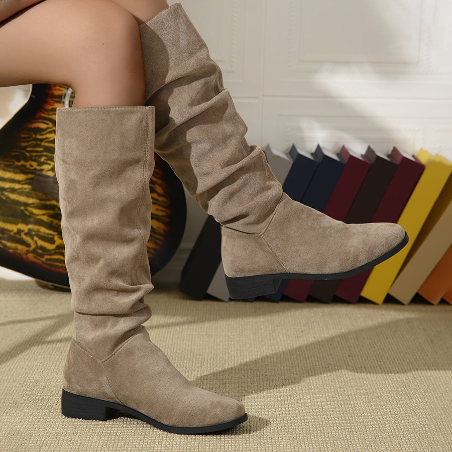Bottes Plates Femme Hautes, Aspect Daim, Tige Froncée – coloris taupe