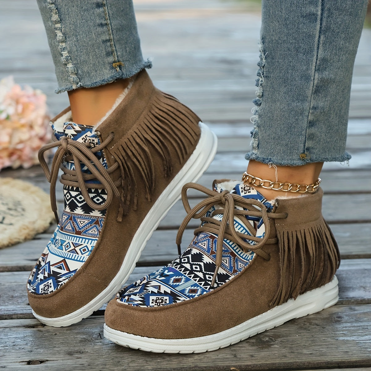 Bottines Mocassin Femme, Franges et Imprimé Aztèque, vue 12