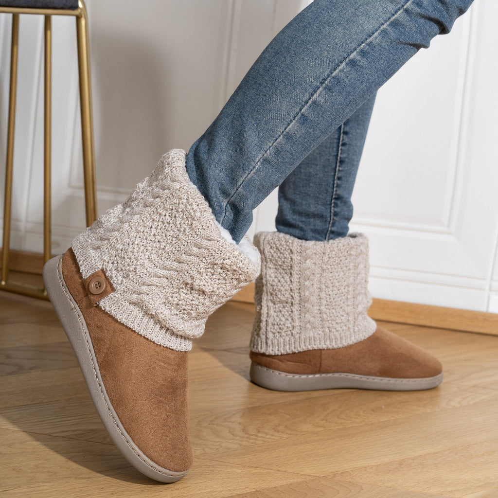 Chausson Botte Femme Maille Torsadée, Doublure Peluche – coloris camel